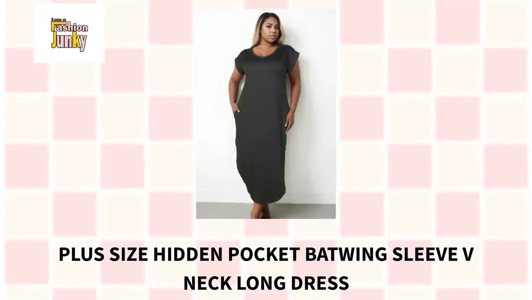 Plus Size Hidden Pocket Batwing Sleeve V Neck Long Dress by@Outfy