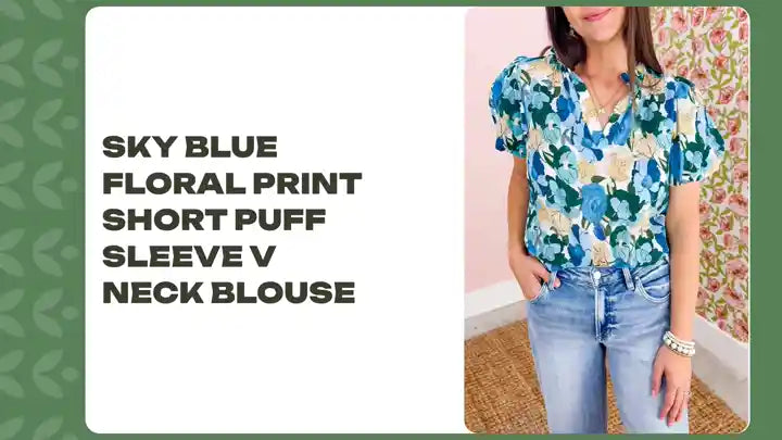 Sky Blue Floral Print Short Puff Sleeve V Neck Blouse by@Outfy