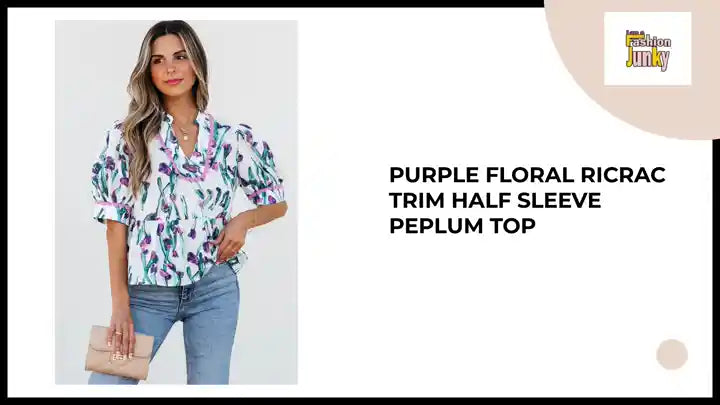 Purple Floral Ricrac Trim Half Sleeve Peplum Top by@Outfy
