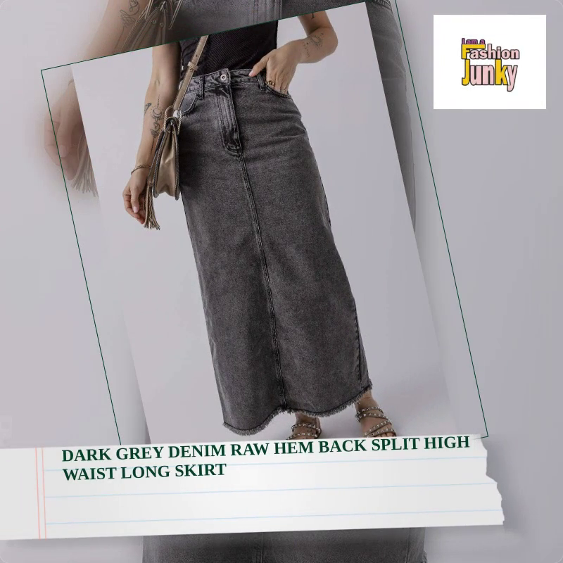 Dark Grey Denim Raw Hem Back Split High Waist Long Skirt by@Outfy