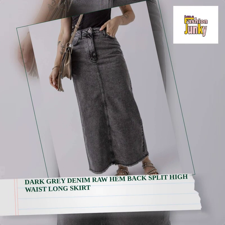 Dark Grey Denim Raw Hem Back Split High Waist Long Skirt by@Outfy
