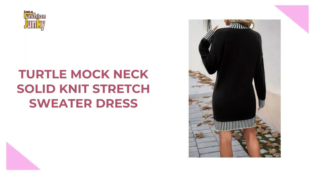 Turtle Mock Neck Solid Knit Stretch Sweater Dress by@Outfy