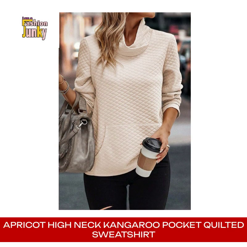 Apricot High Neck Kangaroo Pocket Quilted Sweatshirt by@Outfy