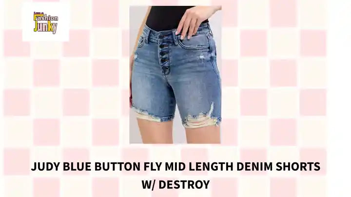 Judy Blue Button Fly Mid Length Denim Shorts W/ Destroy by@Outfy