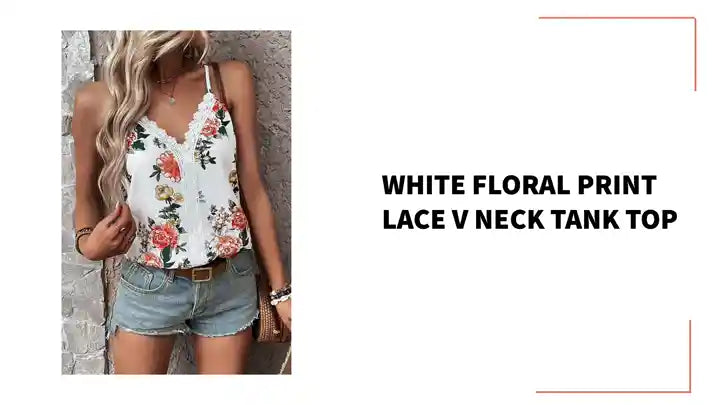 White Floral Print Lace V Neck Tank Top by@Outfy