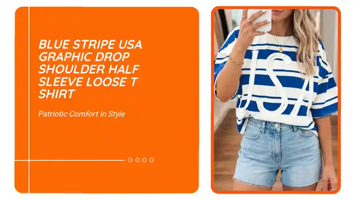 Blue Stripe USA Graphic Drop Shoulder Half Sleeve Loose T Shirt by@Outfy