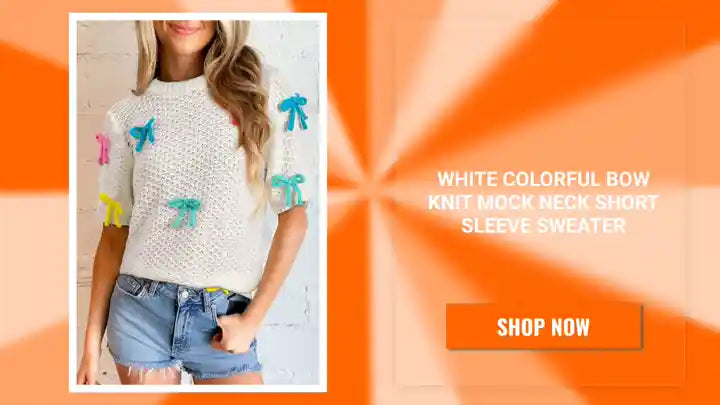 White Colorful Bow Knit Mock Neck Short Sleeve Sweater by@Outfy
