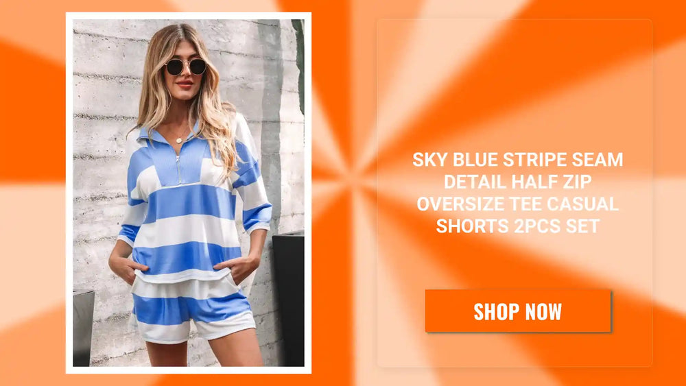 Sky Blue Stripe Seam Detail Half Zip Oversize Tee Casual Shorts 2pcs Set by@Outfy