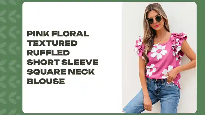 Pink Floral Textured Ruffled Short Sleeve Square Neck Blouse by@Outfy