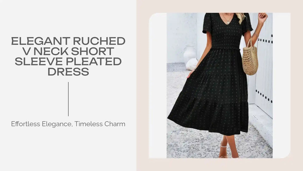 Elegant Ruched V Neck Short Sleeve Pleated Dress by@Outfy