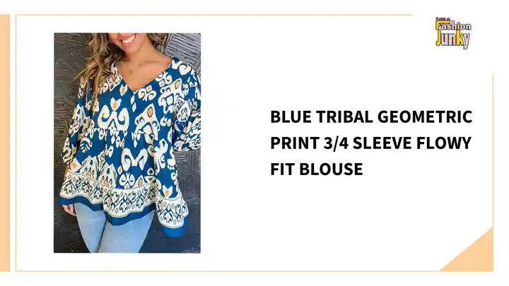 Blue Tribal Geometric Print 3/4 Sleeve Flowy Fit Blouse by@Outfy