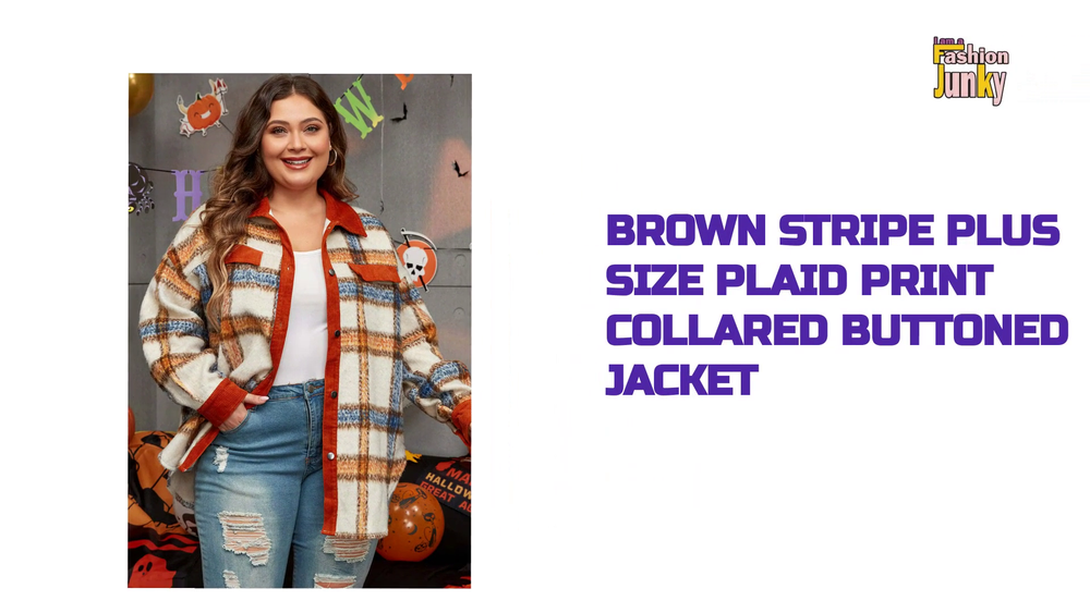 Brown Stripe Plus Size Plaid Print Collared Buttoned Jacket by@Outfy