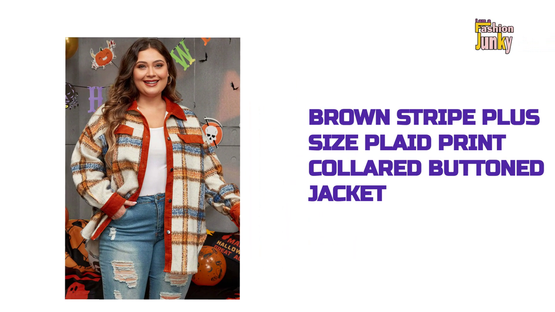 Brown Stripe Plus Size Plaid Print Collared Buttoned Jacket by@Outfy