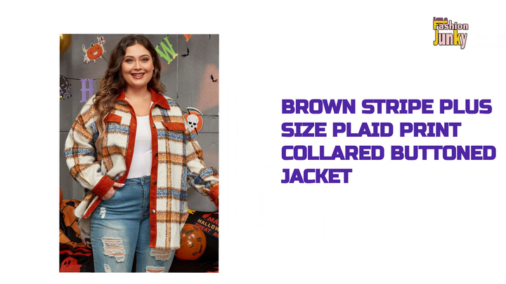 Brown Stripe Plus Size Plaid Print Collared Buttoned Jacket by@Outfy