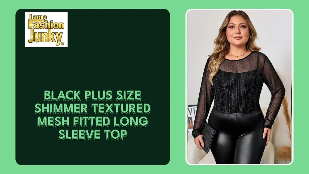 Black Plus Size Shimmer Textured Mesh Fitted Long Sleeve Top by@Outfy