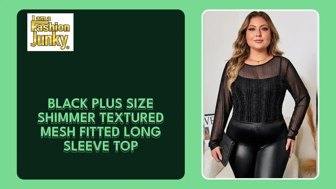 Black Plus Size Shimmer Textured Mesh Fitted Long Sleeve Top by@Outfy