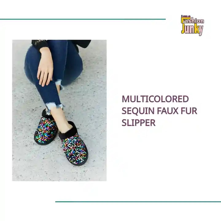 Multicolored Sequin Faux Fur Slipper by@Outfy