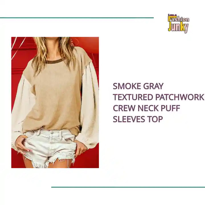 Smoke Gray Textured Patchwork Crew Neck Puff Sleeves Top by@Outfy