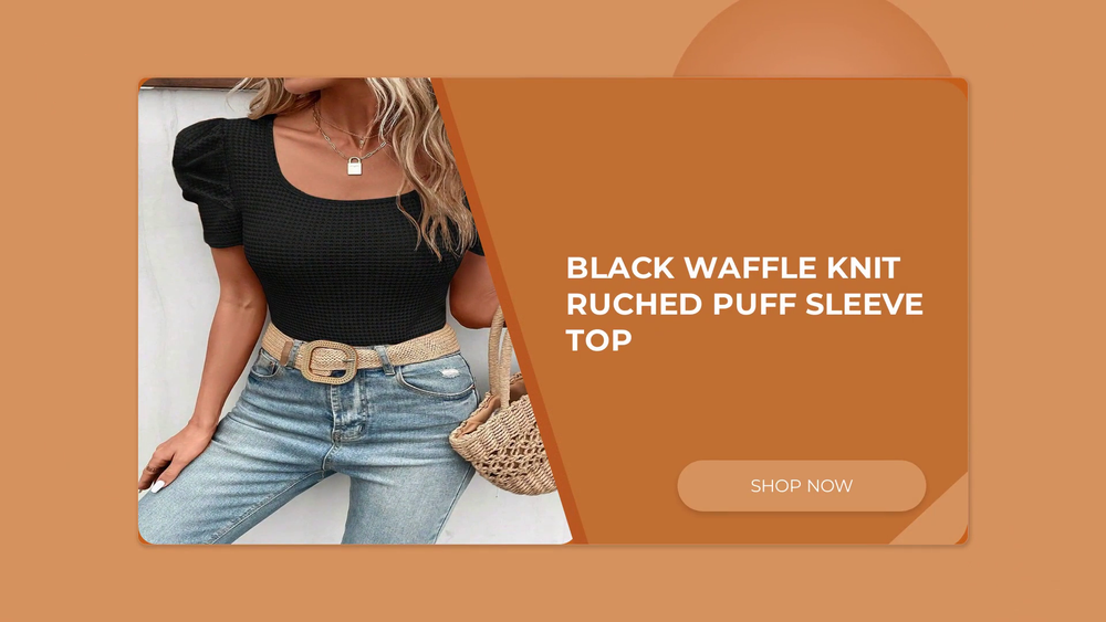 Black Waffle Knit Ruched Puff Sleeve Top by@Outfy