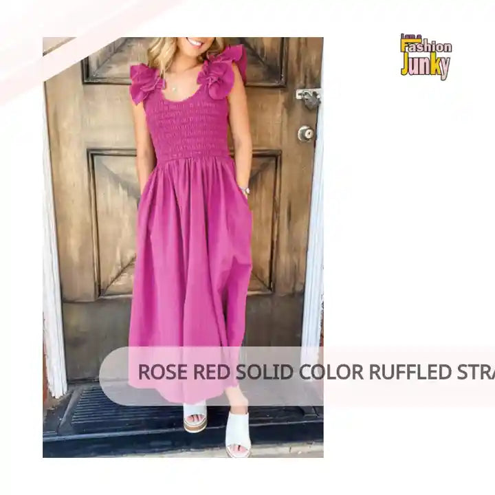 Rose Red Solid Color Ruffled Straps Smocked Ruched Maxi Dress by@Outfy