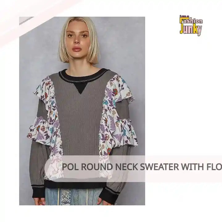 POL Round Neck Sweater with Floral Ruffle Detail by@Outfy