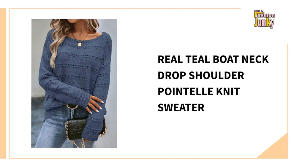 Real Teal Boat Neck Drop Shoulder Pointelle Knit Sweater by@Outfy