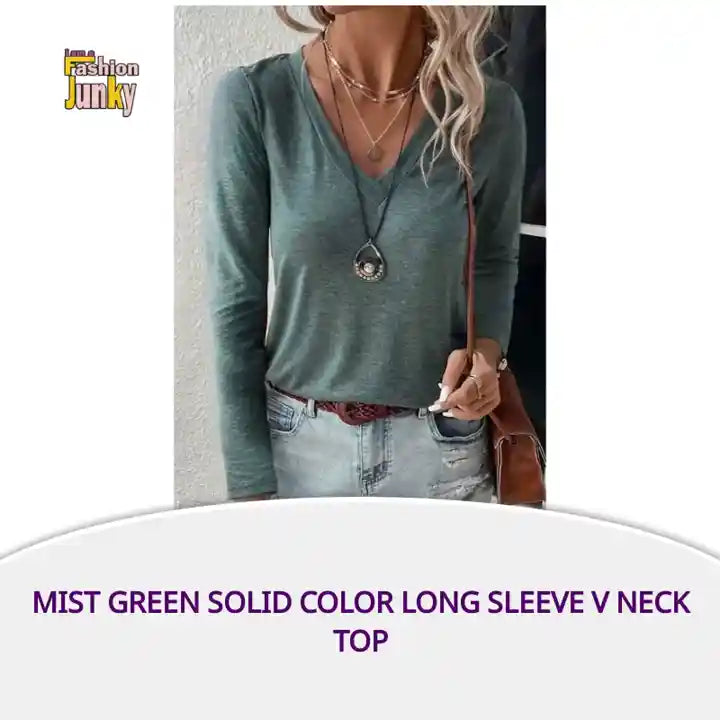 Mist Green Solid Color Long Sleeve V Neck Top by@Outfy
