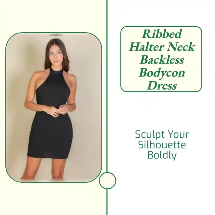 Ribbed Halter Neck Backless Bodycon Dress by@Outfy