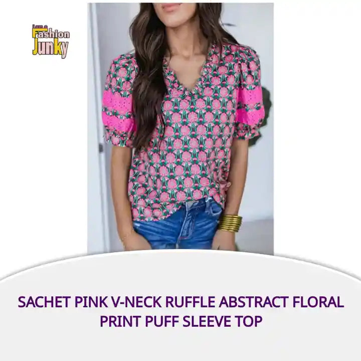 Sachet Pink V-Neck Ruffle Abstract Floral Print Puff Sleeve Top by@Outfy