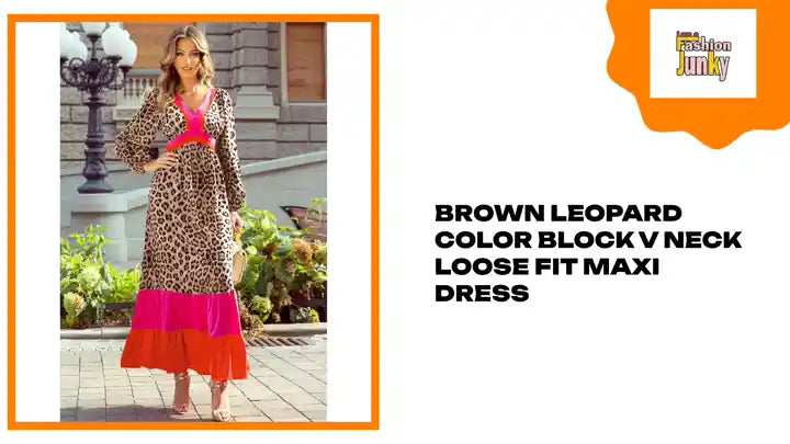 Brown Leopard Color Block V Neck Loose Fit Maxi Dress by@Outfy