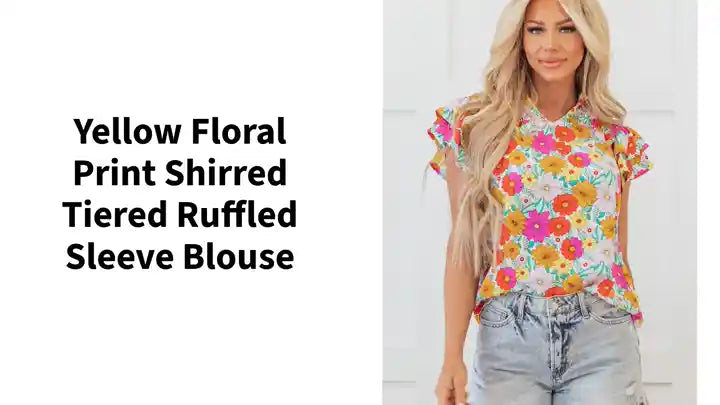 Yellow Floral Print Shirred Tiered Ruffled Sleeve Blouse by@Outfy