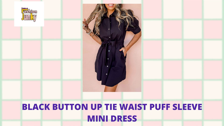Black Button Up Tie Waist Puff Sleeve Mini Dress by@Outfy
