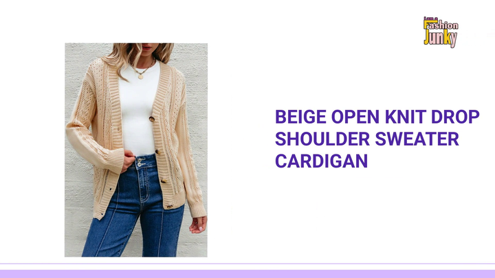 Beige Open Knit Drop Shoulder Sweater Cardigan by@Outfy