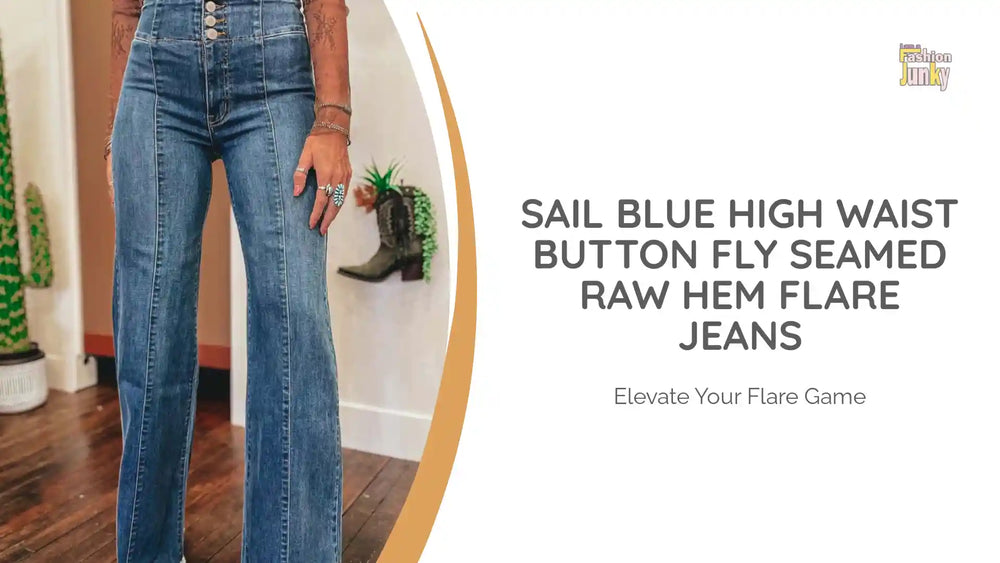 Sail Blue High Waist Button Fly Seamed Raw Hem Flare Jeans by@Outfy