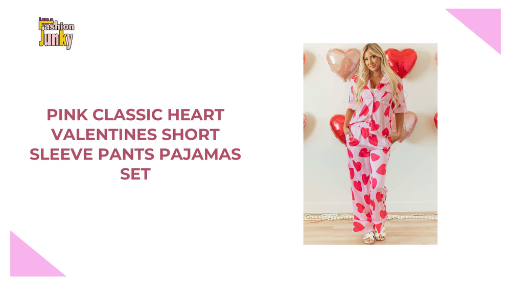 Pink Classic Heart Valentines Short Sleeve Pants Pajamas Set by@Outfy