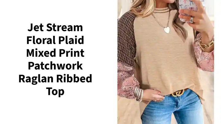 Jet Stream Floral Plaid Mixed Print Patchwork Raglan Ribbed Top by@Outfy
