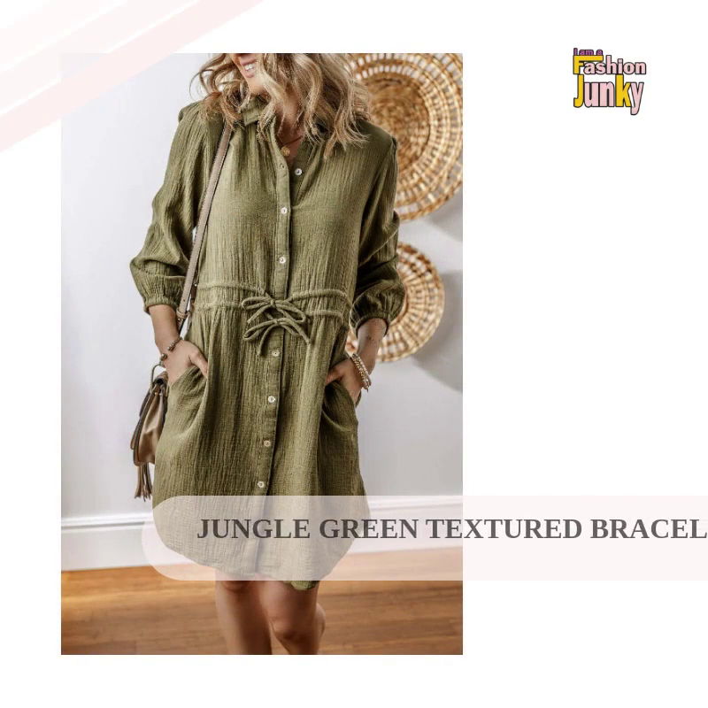 Jungle Green Textured Bracelet Sleeve Collared Button Up Dual Tied Mini Dress by@Outfy