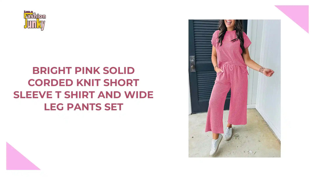 Bright Pink Solid Corded Knit Short Sleeve T Shirt and Wide Leg Pants Set by@Outfy
