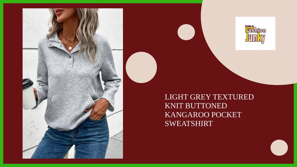 Light Grey Textured Knit Buttoned Kangaroo Pocket Sweatshirt by@Outfy