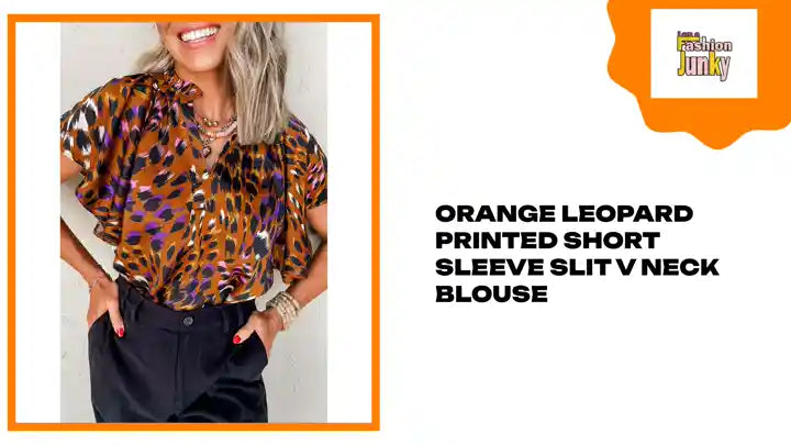 Orange Leopard Printed Short Sleeve Slit V Neck Blouse by@Outfy