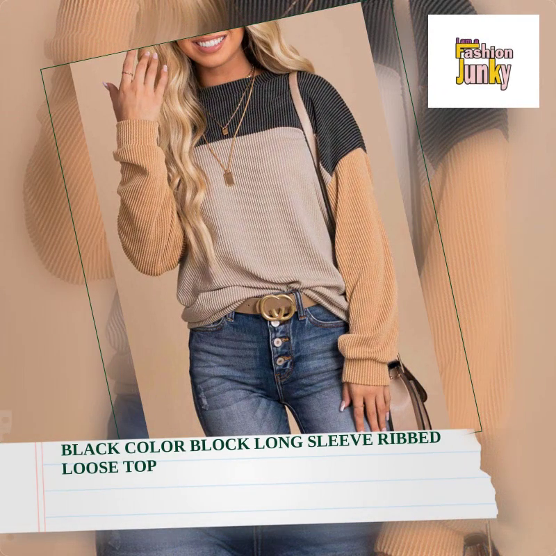 Black Color Block Long Sleeve Ribbed Loose Top by@Outfy