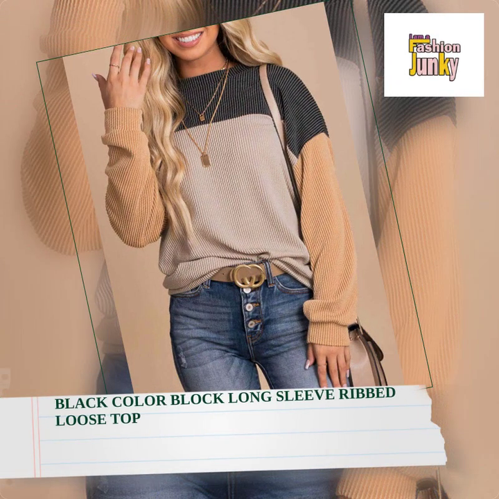 Black Color Block Long Sleeve Ribbed Loose Top by@Outfy