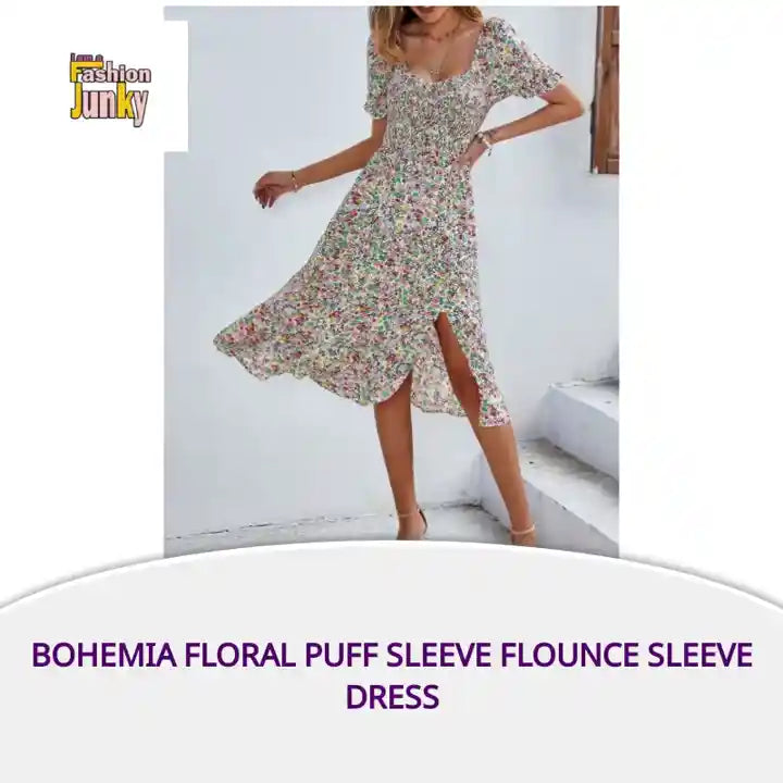 Bohemia Floral Puff Sleeve Flounce Sleeve Dress by@Outfy