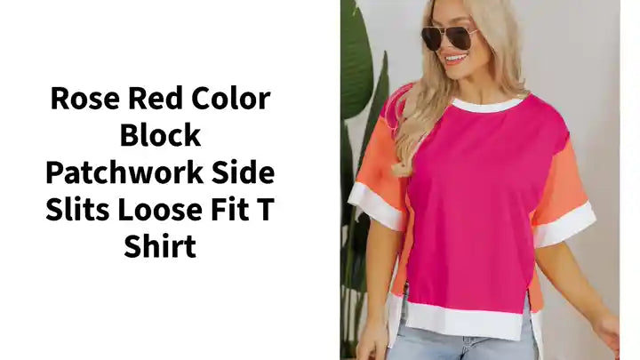 Rose Red Color Block Patchwork Side Slits Loose Fit T Shirt by@Outfy