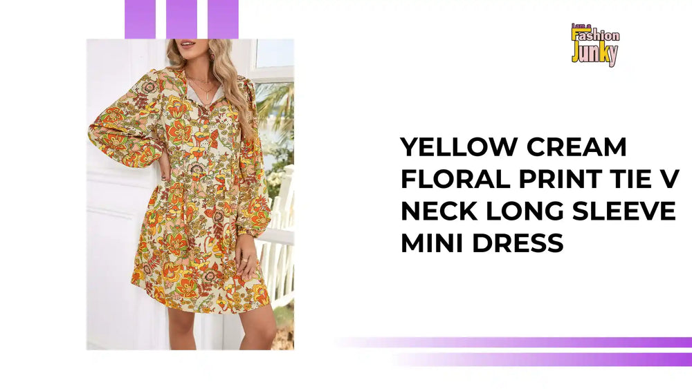 Yellow Cream Floral Print Tie V Neck Long Sleeve Mini Dress by@Outfy