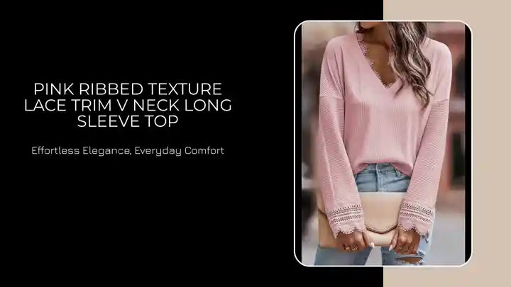 Pink Ribbed Texture Lace Trim V Neck Long Sleeve Top by@Outfy