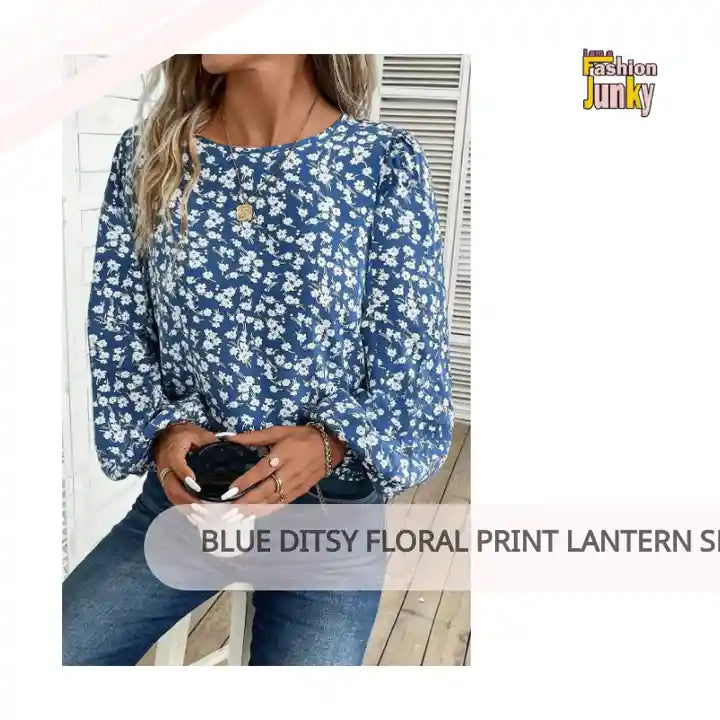 Blue Ditsy Floral Print Lantern Sleeve Blouse by@Outfy