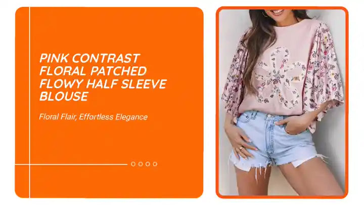 Pink Contrast Floral Patched Flowy Half Sleeve Blouse by@Outfy
