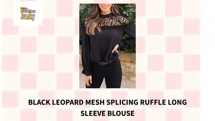 Black Leopard Mesh Splicing Ruffle Long Sleeve Blouse by@Outfy