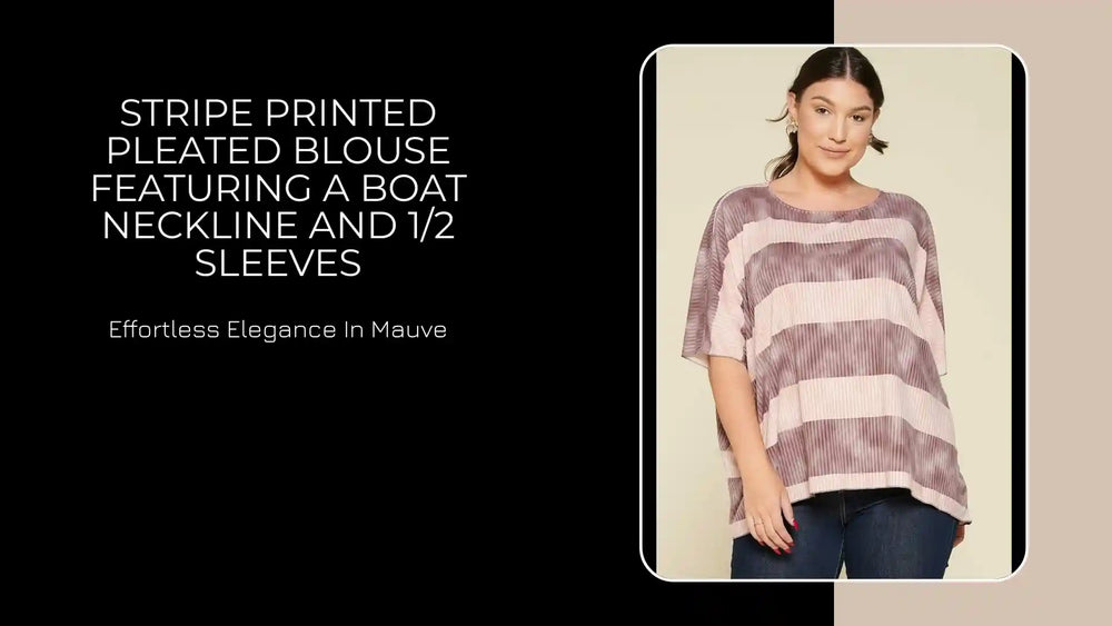 Stripe Printed Pleated Blouse Featuring A Boat Neckline And 1/2 Sleeves by@Outfy